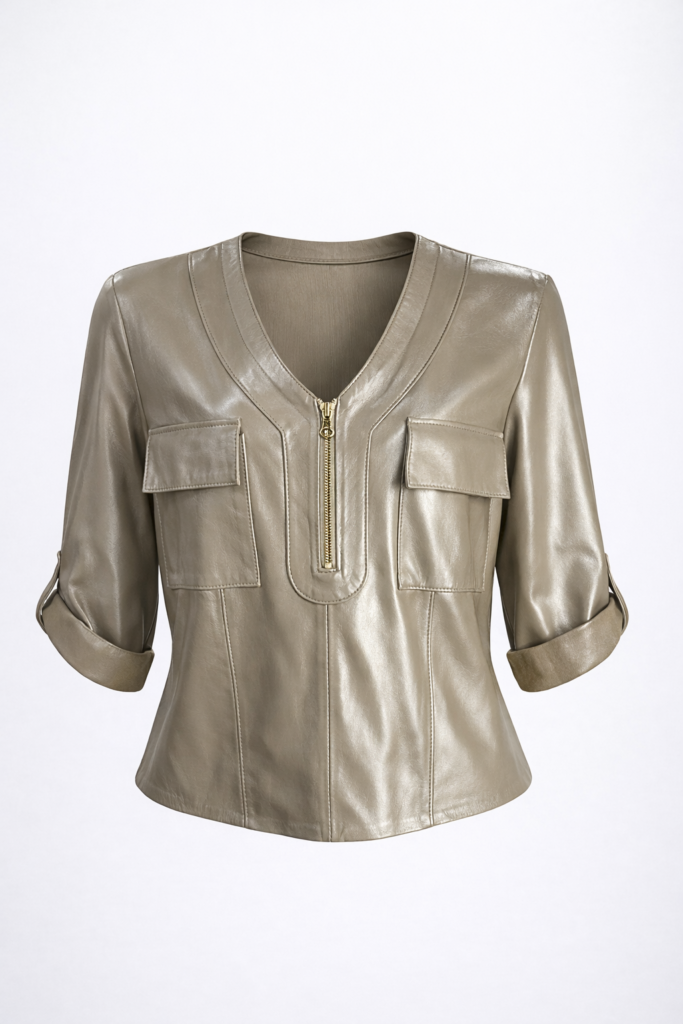 Blusa de Couro Legítimo Meio Zíper dourada bolsos frontais - GW Moda Couro