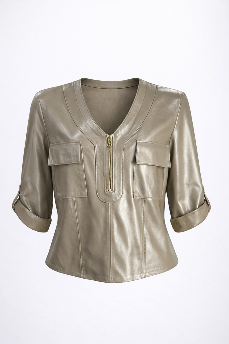 Blusa de Couro Legítimo Meio Zíper
