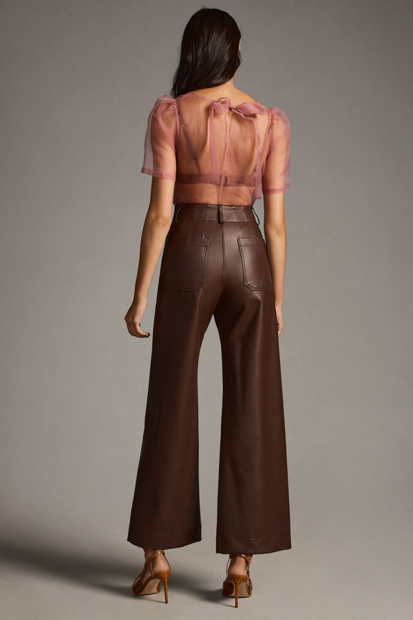 Calça de Couro Legítimo Wide Leg marrom cintura alta - GW Moda Couro - costas