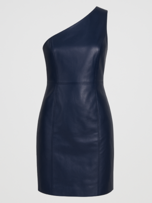 Vestido Midi de Couro Legítimo Safira azul-marinho um ombro só - GW Moda Couro