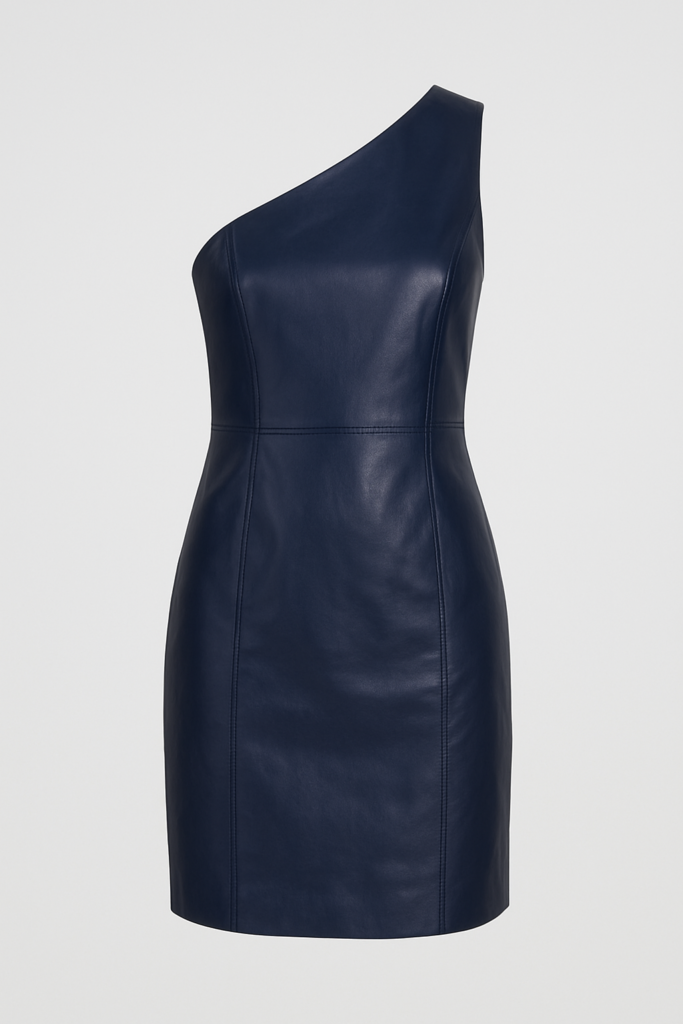 Vestido Midi de Couro Legítimo Safira azul-marinho um ombro só - GW Moda Couro