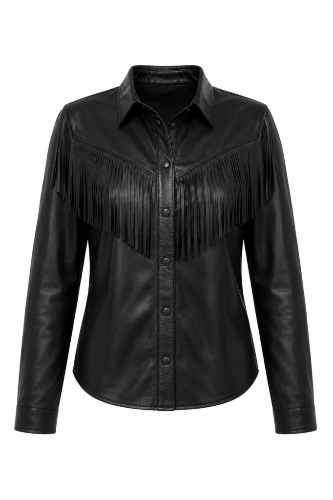 Camisa de Couro Legítimo com Franjas preta estilo western - GW Moda Couro
