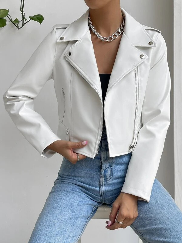 Jaqueta de Couro Legítimo Transpassada branca zíper diagonal - GW Moda Couro
