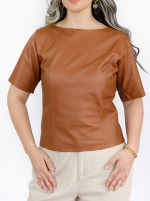 Camiseta de Couro Legítimo Lírio caramelo gola careca - GW Moda Couro