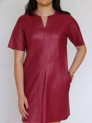Vestido de Couro Legítimo Manga Curta Lótus vermelho decote gota - GW Moda Couro