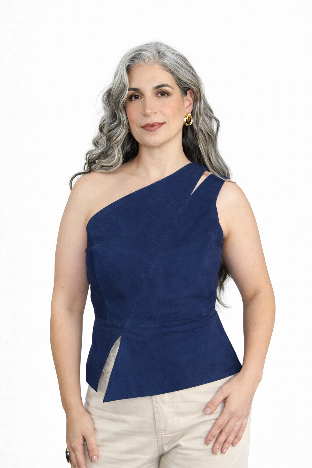 Blusa de Couro Legítimo Magnólia azul um ombro só - GW Moda Couro