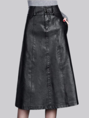 Saia de Couro Legítimo Evasê Estilo Jeans preta bolsos frontais - GW Moda Couro