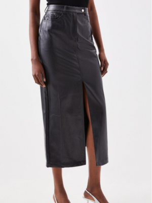 Saia de Couro Legítimo Reta com Fenda preta midi - GW Moda Couro
