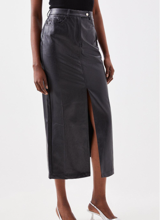 Saia de Couro Legítimo Reta com Fenda preta midi - GW Moda Couro