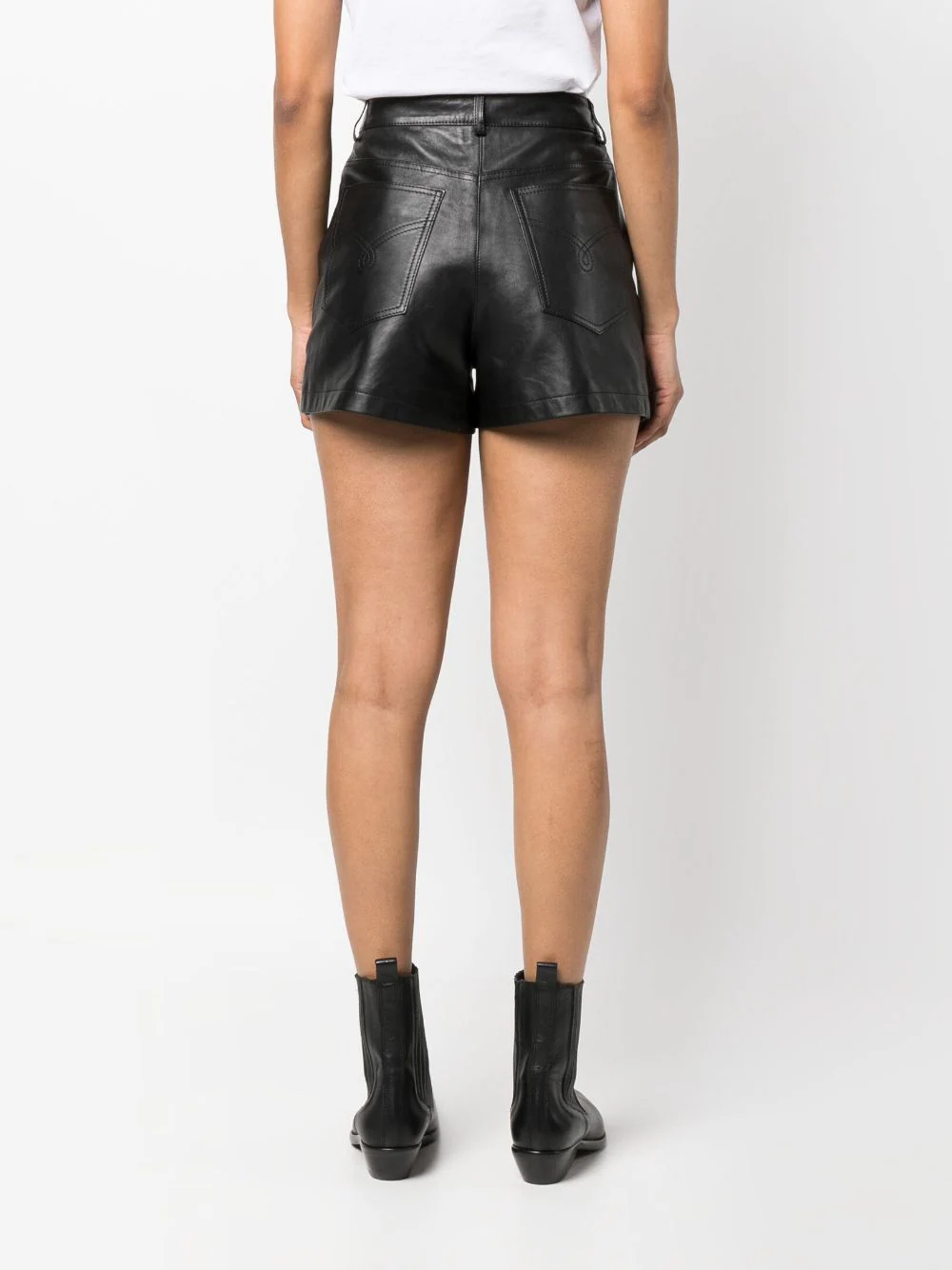 Shorts de Couro Legítimo Estilo Jeans preto cintura alta - GW Moda Couro - costas