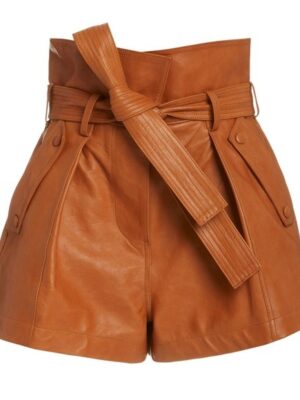 Shorts de Couro Legítimo Clochard caramelo cintura alta - GW Moda Couro