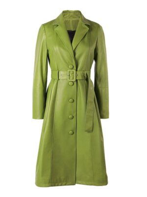 Sobretudo de Couro Legítimo Trench Coat verde com faixa- GW Moda Couro