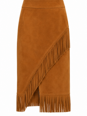 Saia de Couro Legítimo Reta com Franjas camurça caramelo - GW Moda Couro