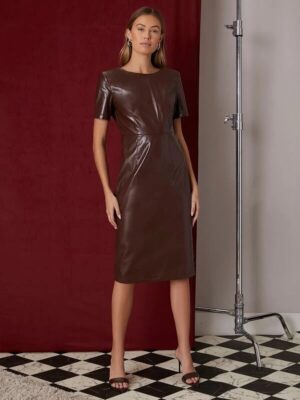 Vestido de Couro Legítimo Midi Manga Curta marrom tubinho - GW Moda Couro
