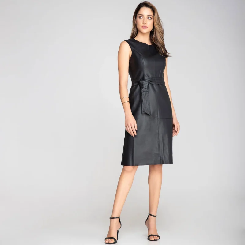 Vestido de Couro Legítimo Midi com Faixa