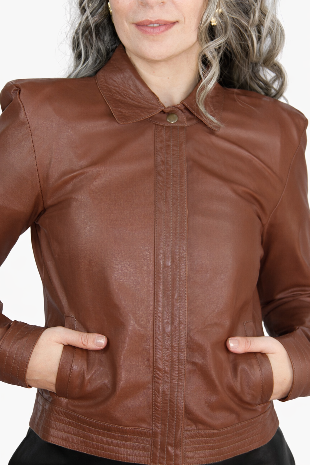 Jaqueta de Couro Legítimo Pétala caramelo gola esporte - GW Moda Couro