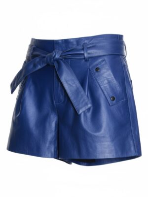 Shorts de Couro Legítimo Alvor azul cintura paper bag - GW Moda Couro