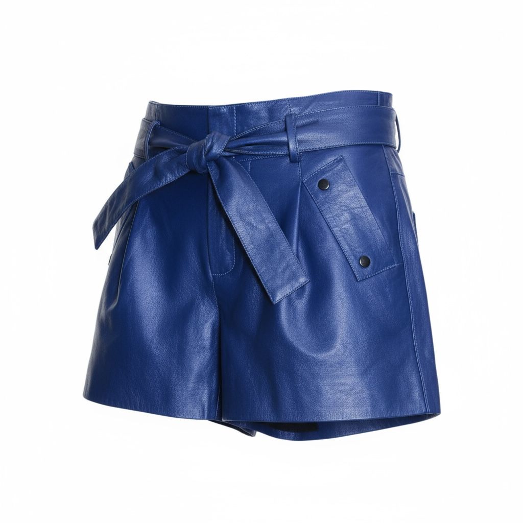 Shorts de Couro Legítimo Alvor azul cintura paper bag - GW Moda Couro