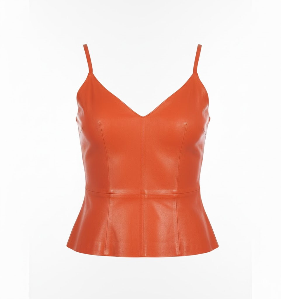 Regata de Couro Legítimo Aura laranja decote V - GW Moda Couro