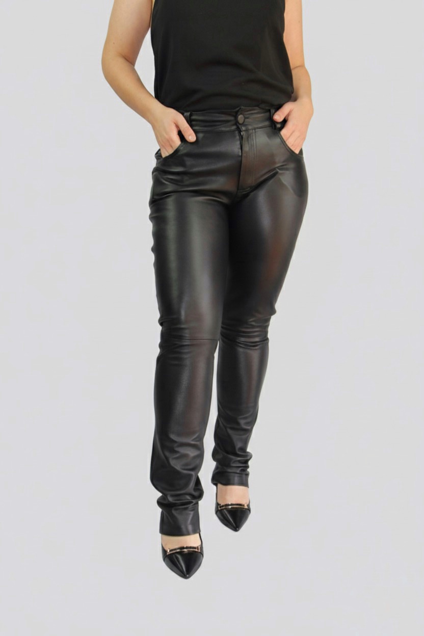 Calça de Couro Legítimo Skinny preta cintura alta - GW Moda Couro
