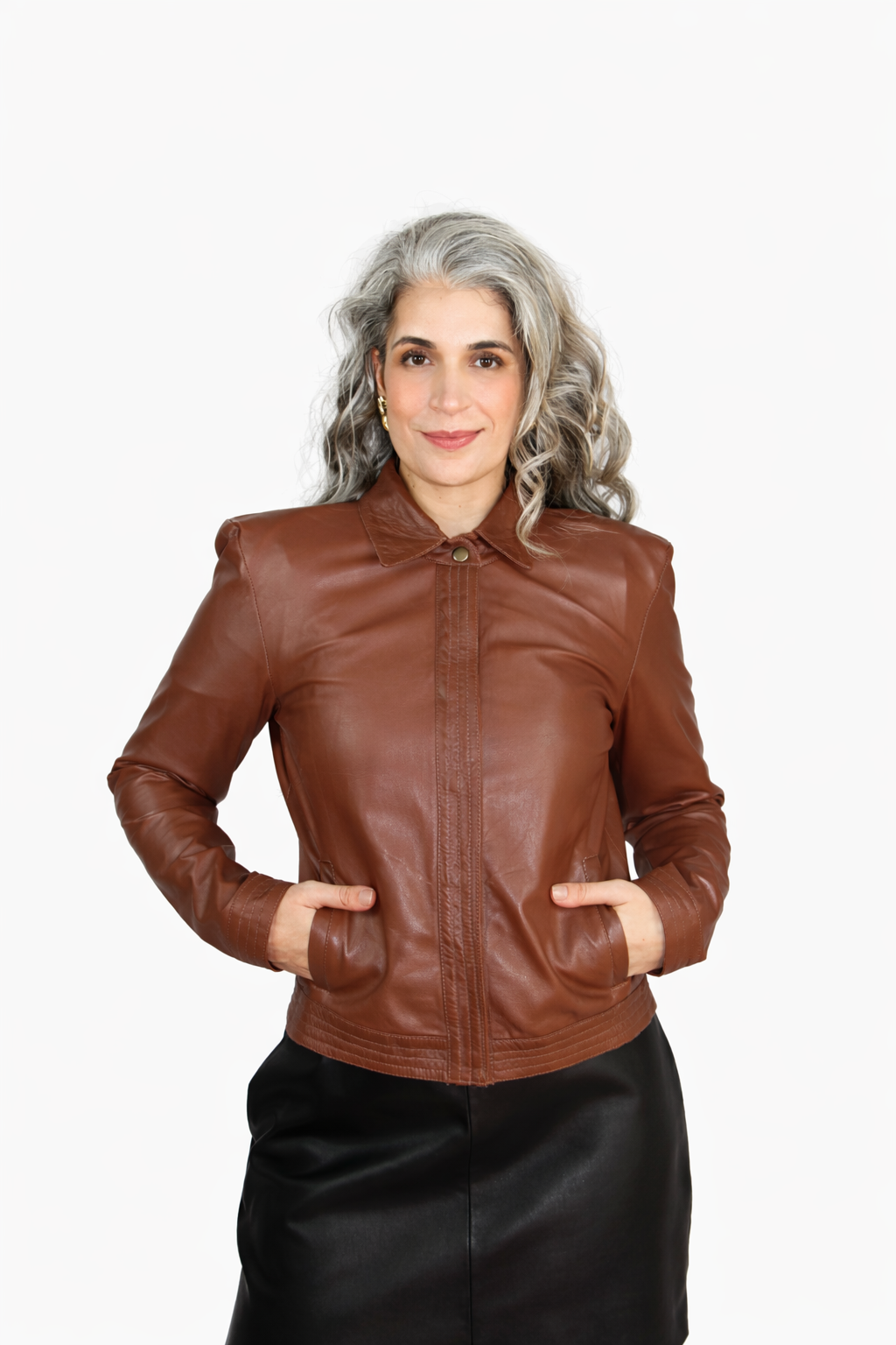 Jaqueta de Couro Legítimo Pétala caramelo gola esporte - GW Moda Couro
