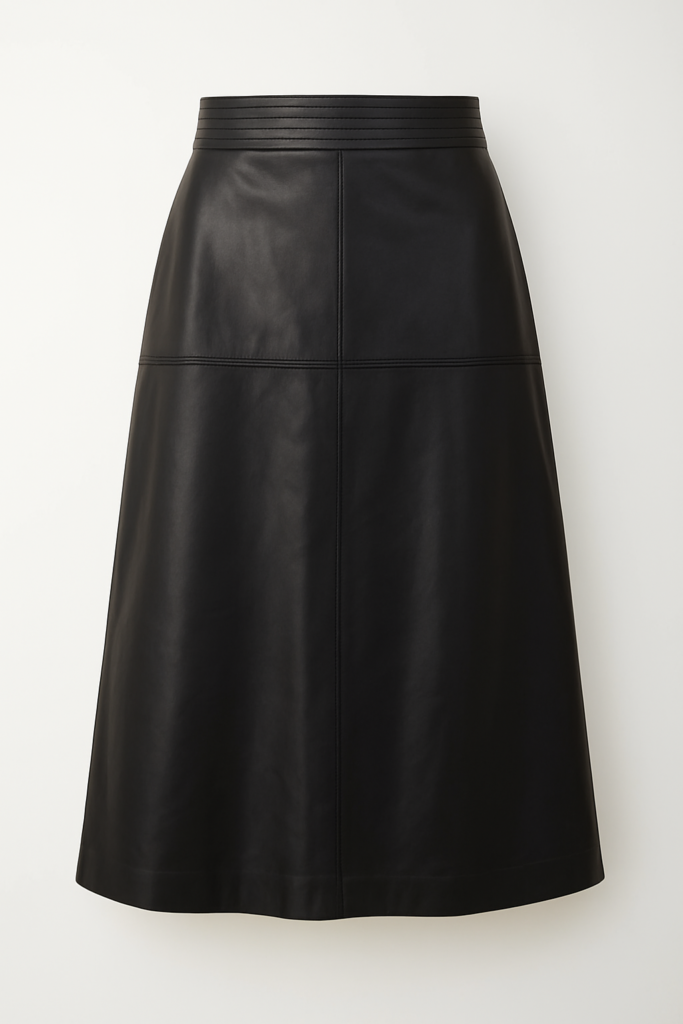 Saia de Couro Legítimo Evasê preta cós matelassê - GW Moda Couro