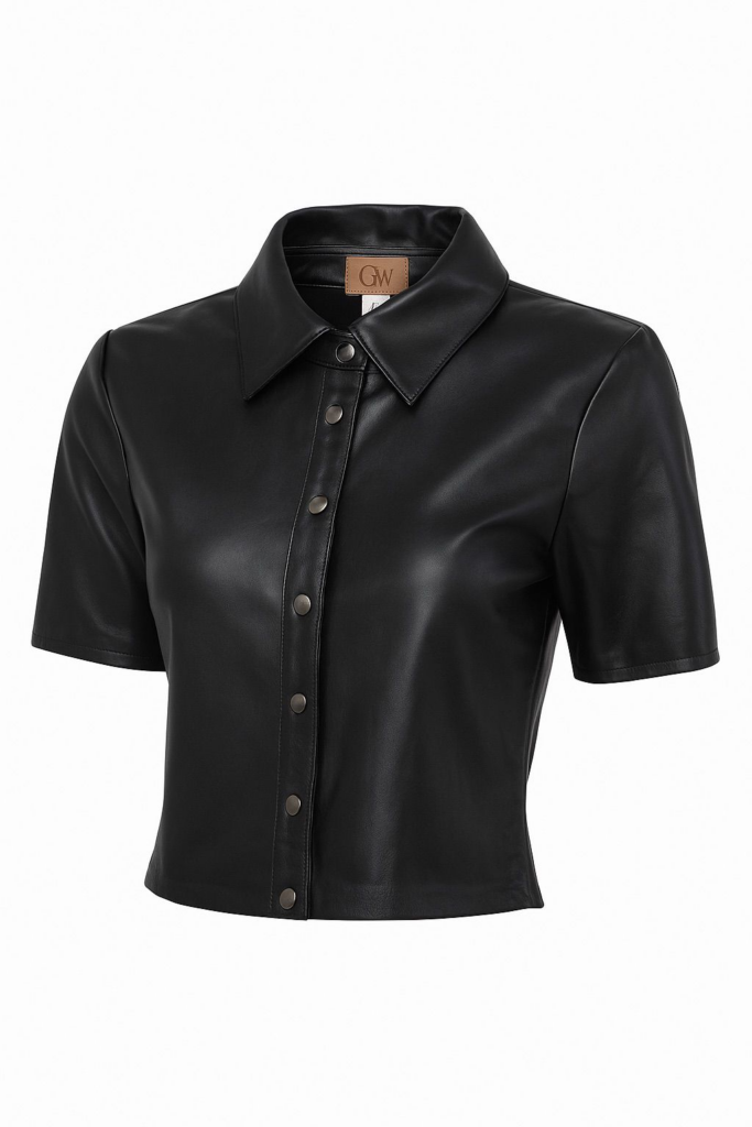 Camisa de Couro Legítimo Manga Curta preta gola esporte - GW Moda Couro