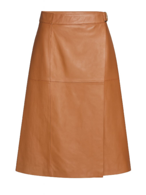 Saia de Couro Legítimo Evasê Transpassada caramelo - GW Moda Couro