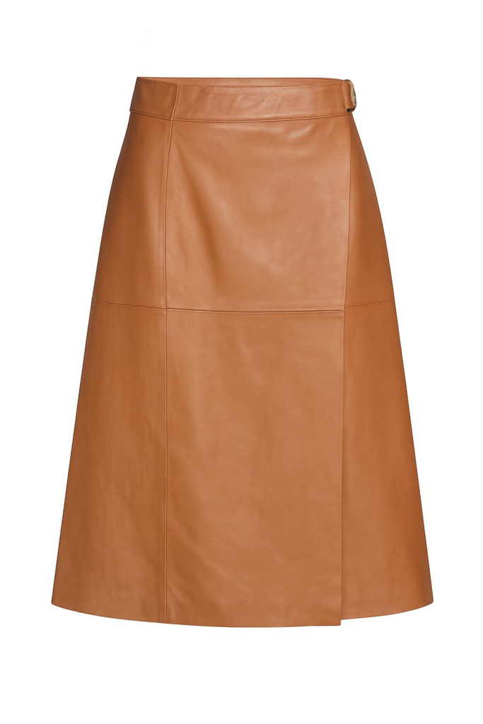 Saia de Couro Legítimo Evasê Transpassada caramelo - GW Moda Couro