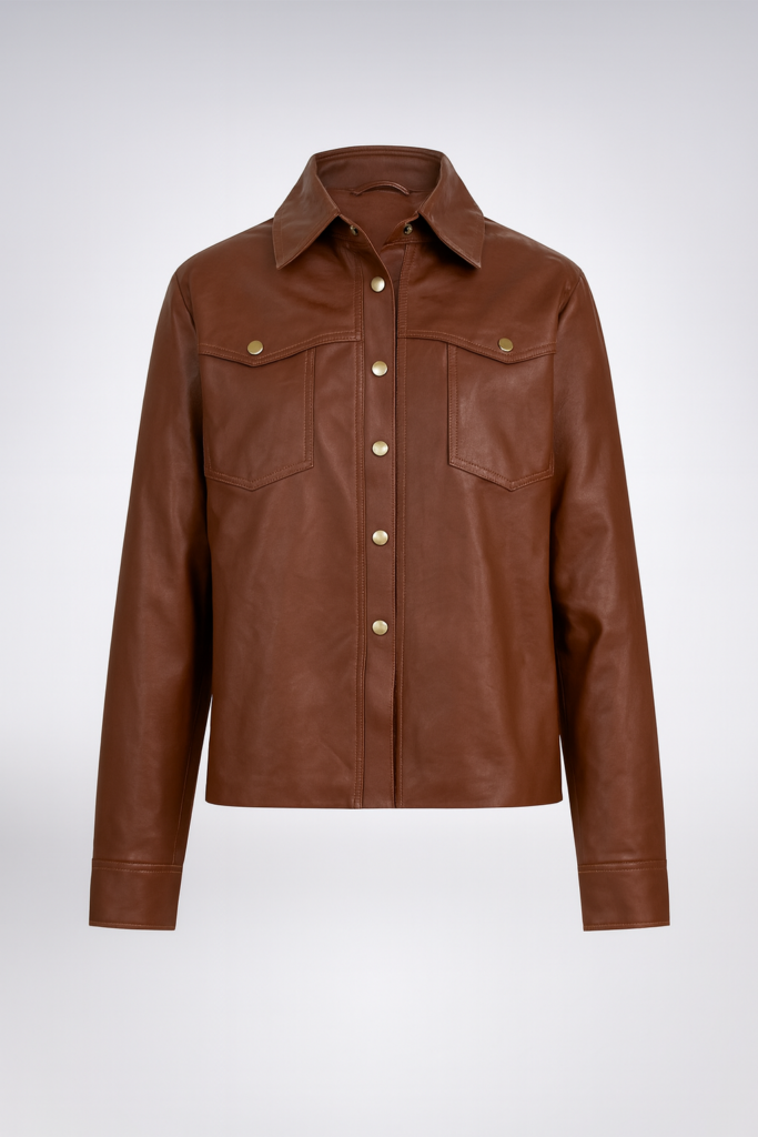 Camisa de Couro Legítimo Reta caramelo gola esporte - GW Moda Couro